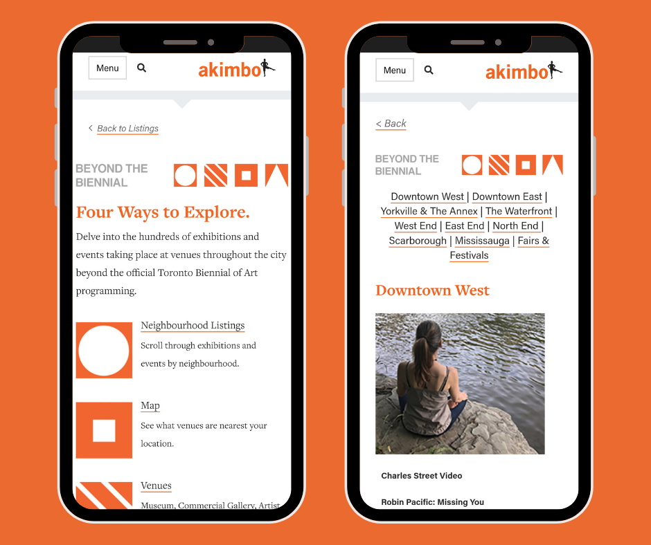 Illustration containing two mobile phones with screenshots of Beyond The Biennial Homepage and Neighbourhood's Listing Page