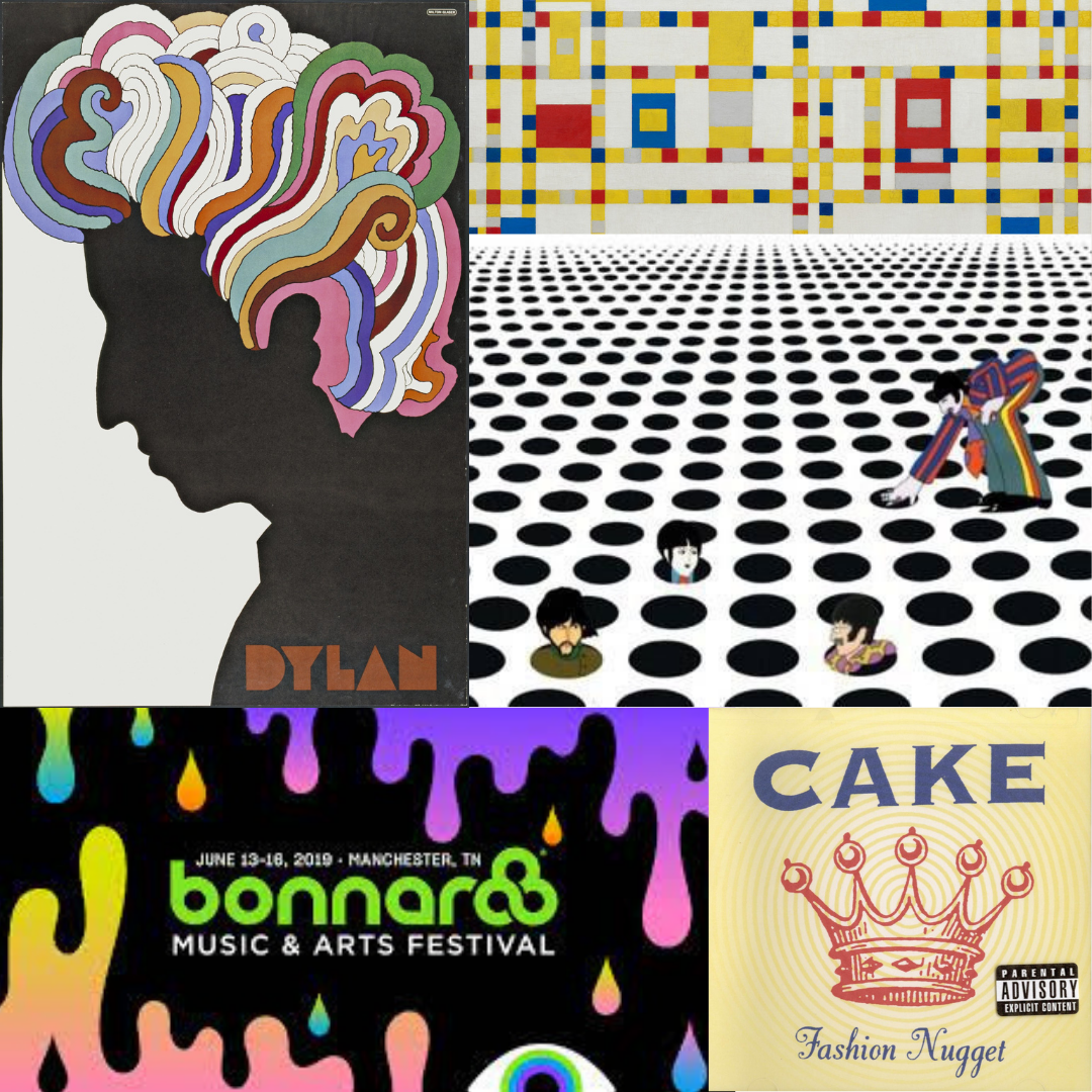 Top Left: A black silhoutte of Bob Dylan with colourful hair. Top Right: A still from Yellow Submarine's Sea of Holes. Bottom Left: The 2018 Bonnaroo Festival Splash Image. Bottom Right: Cake's Fashion Nugget's CD cover.