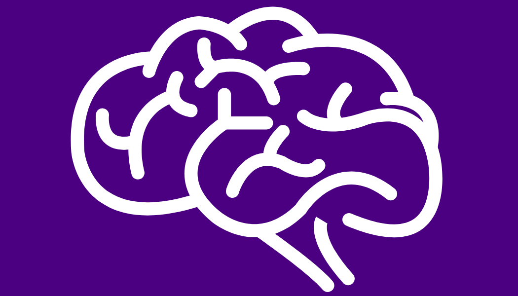 White line drawing of a profile view of a brain on a dark violet background.