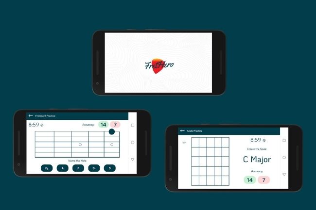 A screen shot of the FretHero Splash, Note Selector and Chord Box Sreens.