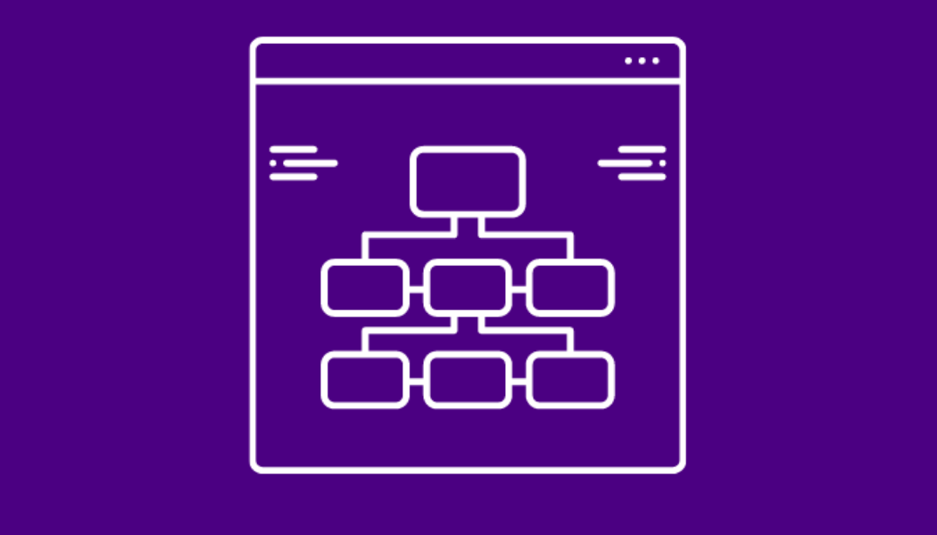 White line drawing of a site map diagram on a dark violet background.