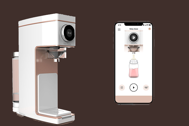 An image of a the Baby Barista formula dispenser and a cell phone displaying a screen shot of the Baby Barista App.